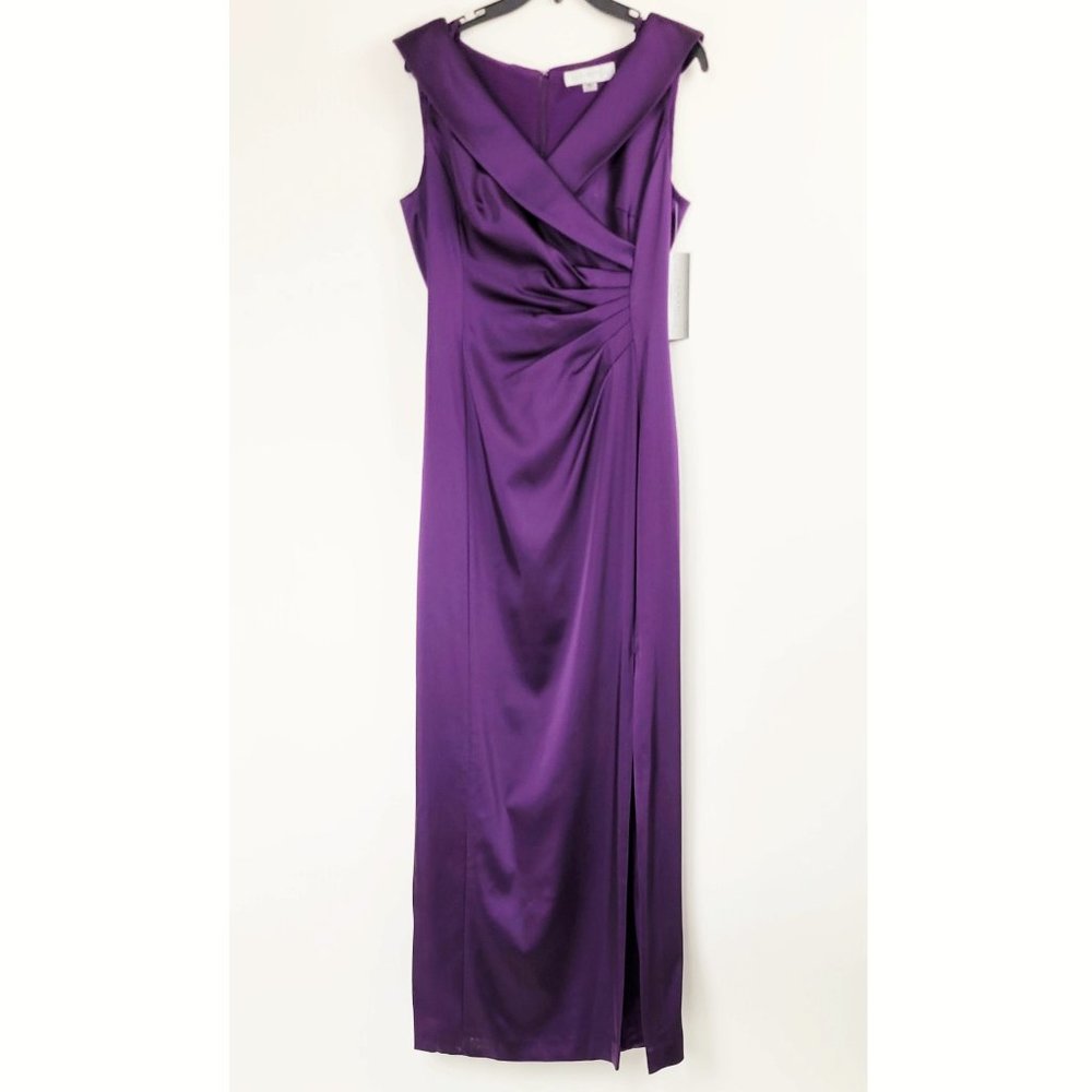 NWT TAHARI BY ASL Side Ruched Stretch Satin Gown - Picture 3 of 8